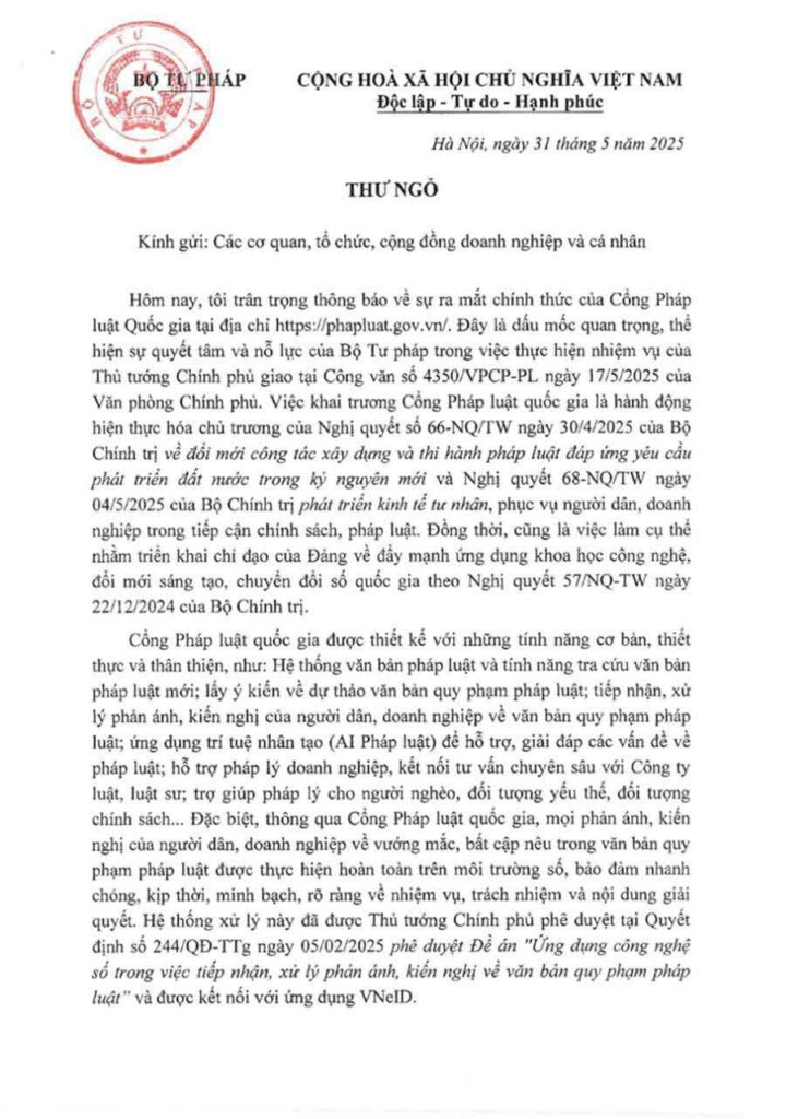 Thư ngỏ 2 Cổng Pháp luật quốc gia