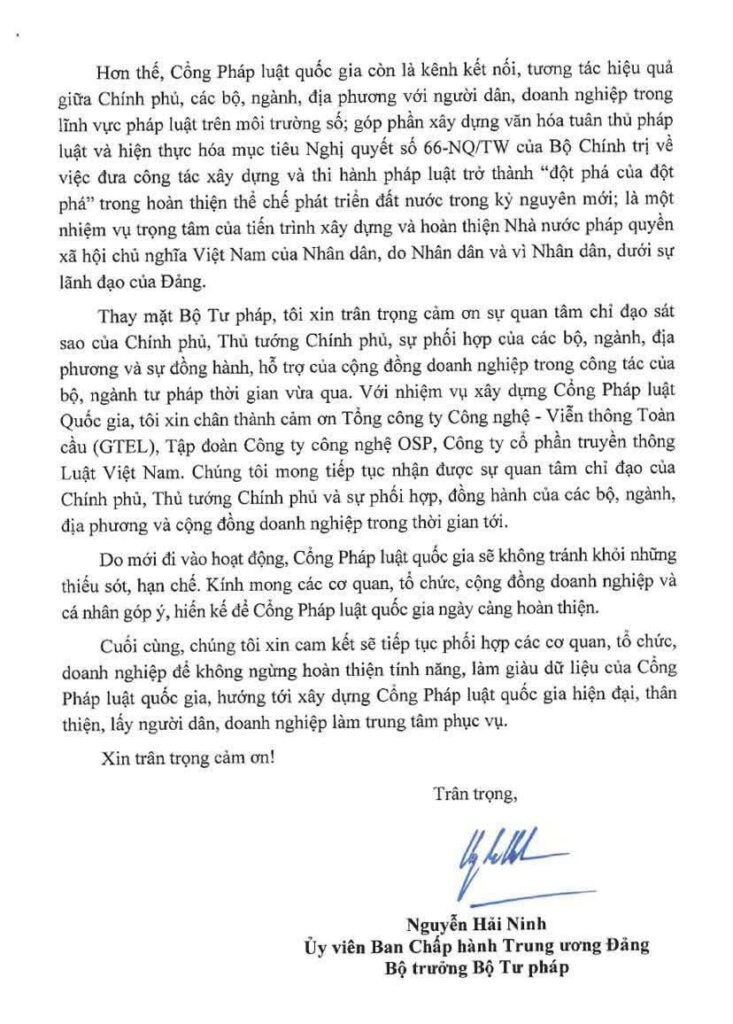 Thư ngỏ Cổng Pháp luật quốc gia