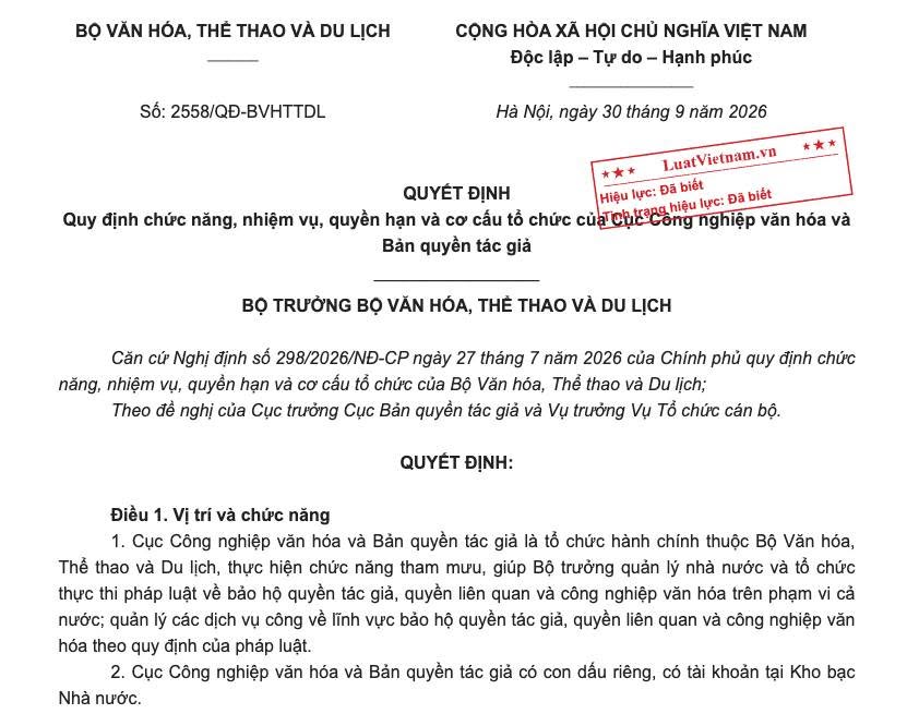 Quyết định 2558/QĐ-BVHTTDL 2026 quy định chức năng, nhiệm vụ, quyền hạn và cơ cấu tổ chức của Cục Công nghiệp văn hóa và Bản quyền tác giả